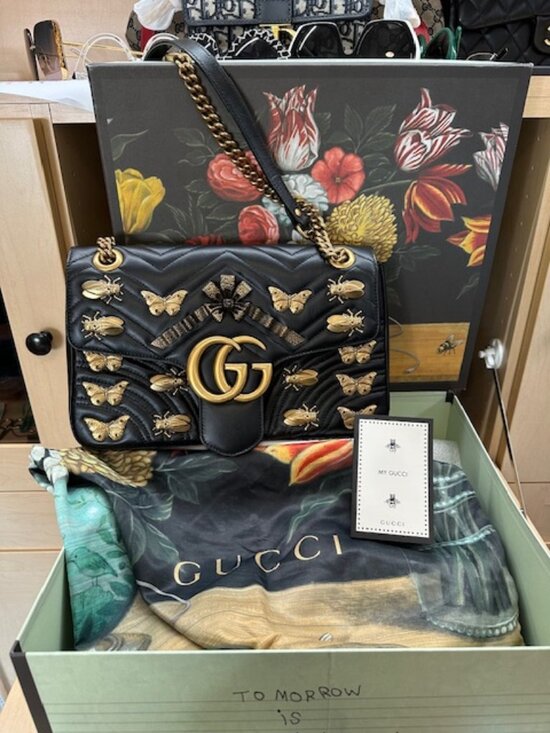 Gucci Handbags - Gucci GG Marmont Medium Insect Black Matelassé Purse